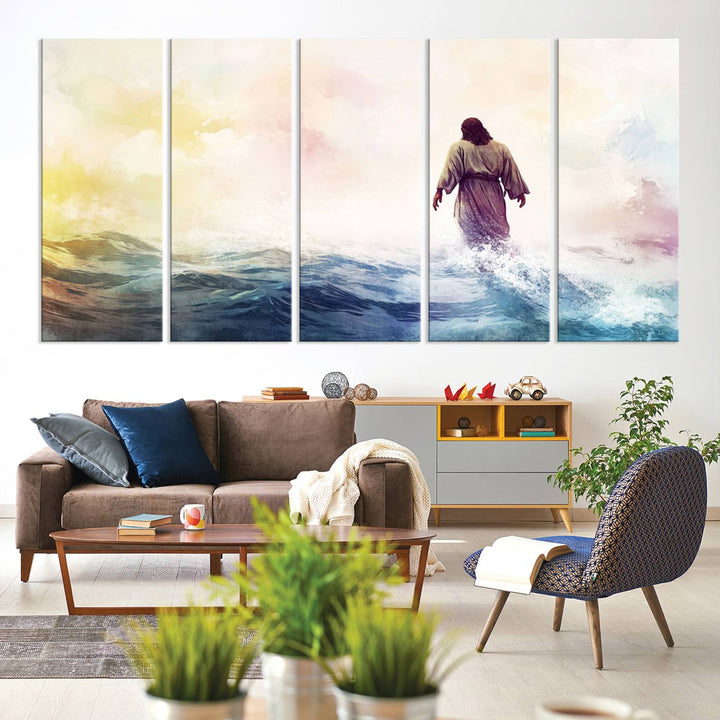 A robed figure strides on water in gentle waves, evoking the Watercolor Jesus Walking on Water canvas art.