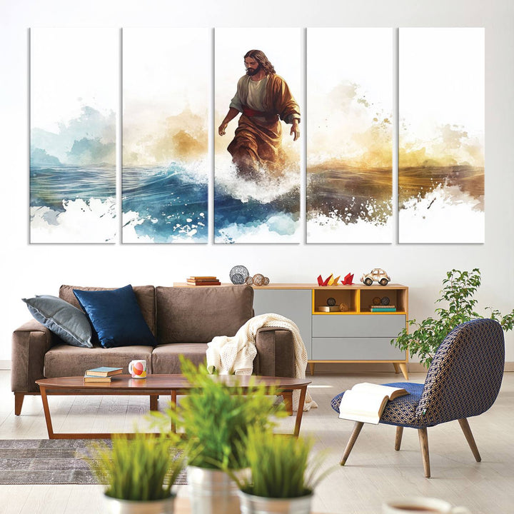 Watercolor Jesus Walking on Water Canvas Print, Christian Wall Art, Jesus Christ Walking