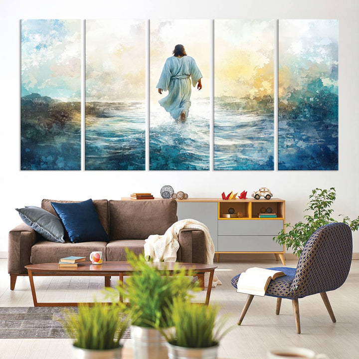 Watercolor Jesus Walking on Water Canvas Print, Christian Wall Art, Jesus Christ Walking