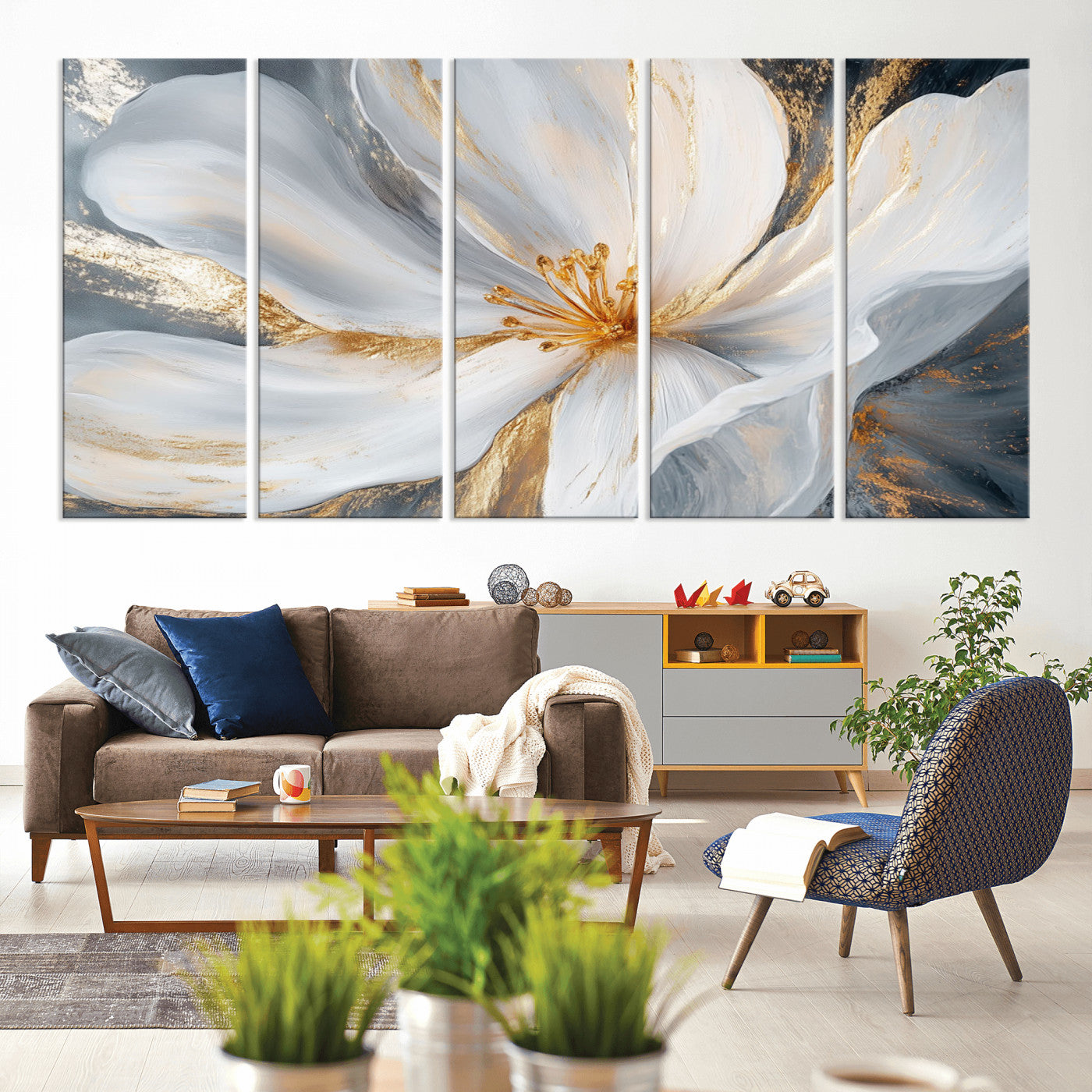 83149-MGV-CV-60X31-5P-White and Gold Floral Canvas Wall Art - Framed and Ready to Hang - Perfect for Modern Living Rooms