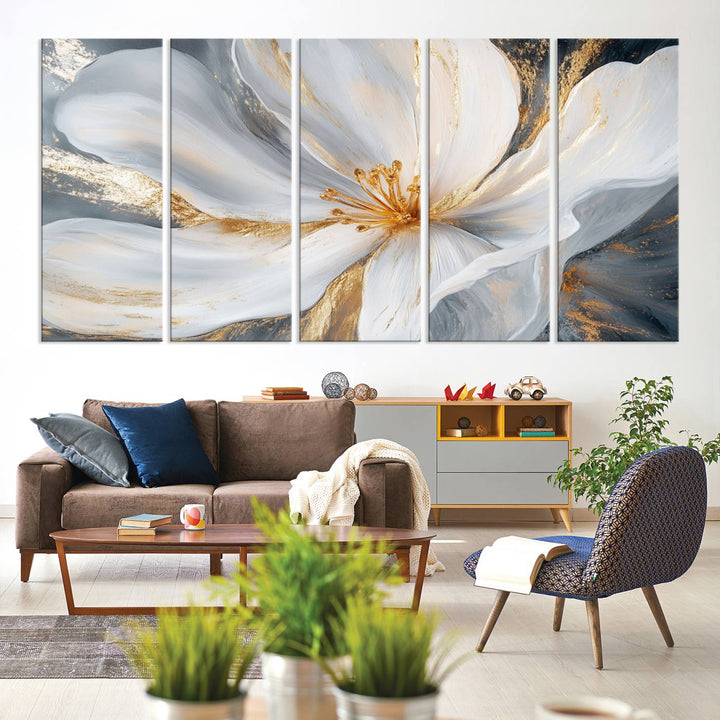 White and Gold Floral Canvas Wall Art - Framed and Ready to Hang - Perfect for Modern Living Rooms