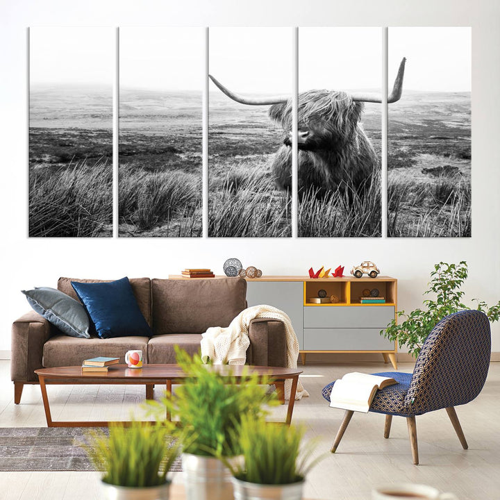 Scottish Highland Cow Wall Art | Black and White Canvas Print | Ready to Hang and Framed | Rustic Farmhouse Wall Decor for Living Room or Office