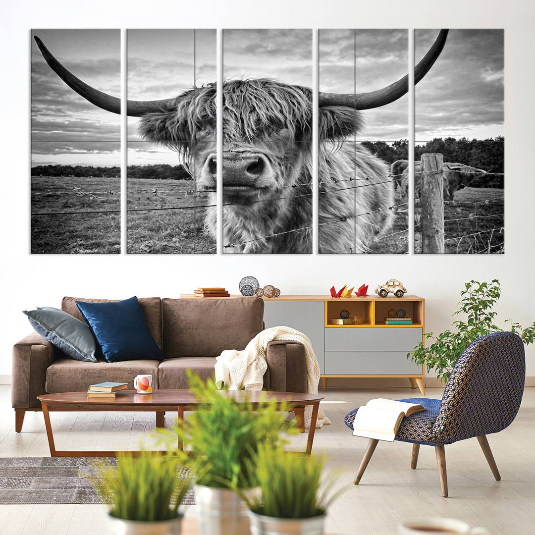 Scottish Highland Cow Wall Art Canvas Print | Ready to Hang and Framed | Rustic Farmhouse Decor