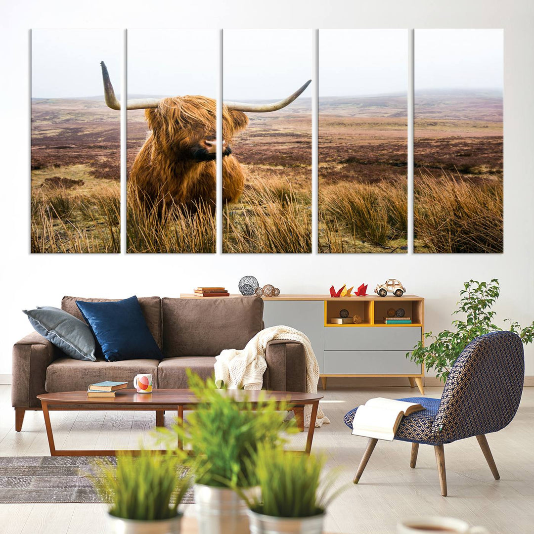 Scottish Highland Cow Wall Art Canvas Print | Ready to Hang and Framed | Rustic Farmhouse Decor for Living Room or Cabin