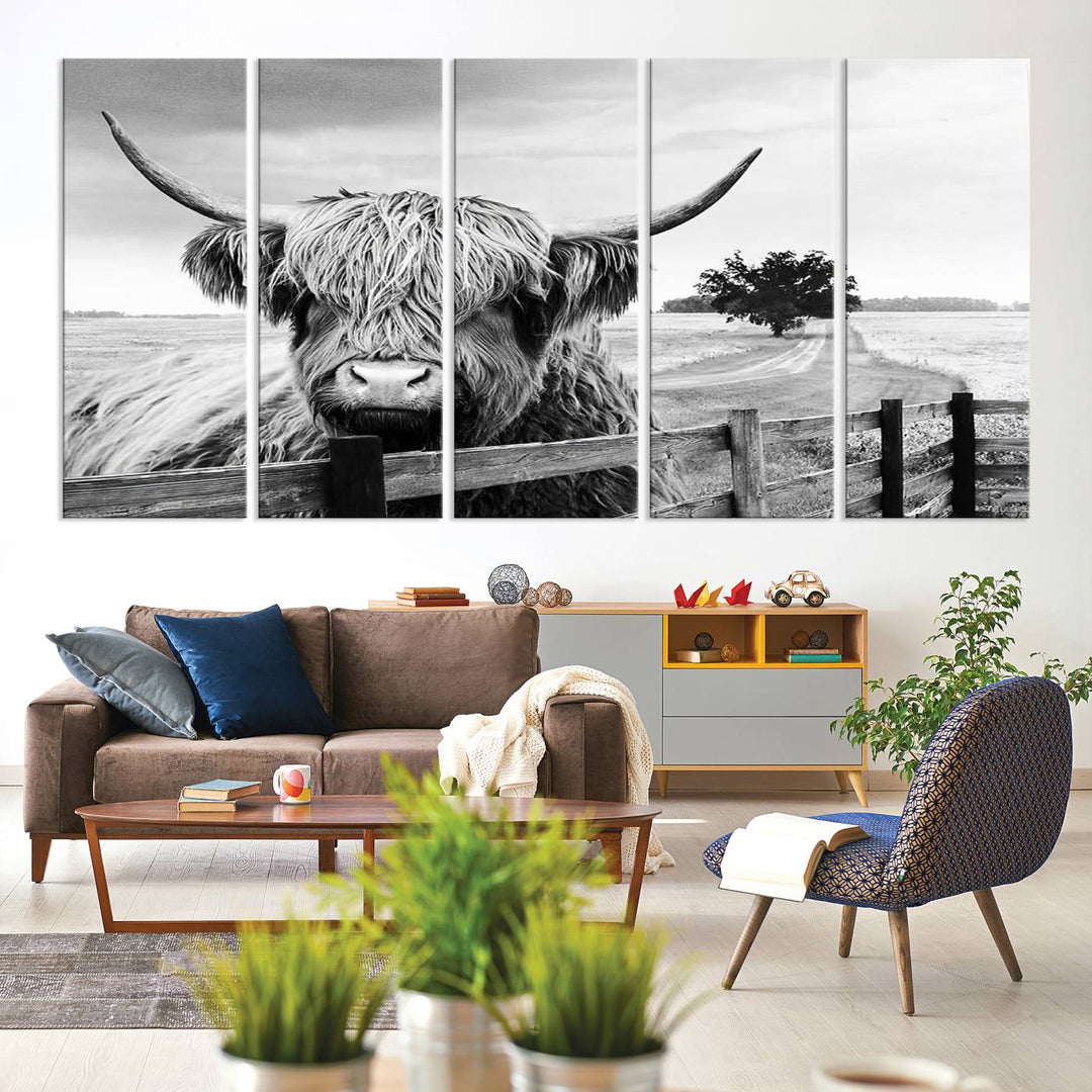 Scottish Highland Cow Wall Art | Rustic Farmhouse Décor | Black and White Ready to Hang Canvas Print