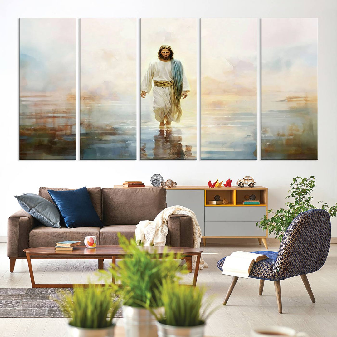 Framed Jesus Walking on Water Wall Art - 3-Panel Christian Canvas Prints, Religious Artwork, Ready to Hang Home Decor for Living Room, Office, or Church