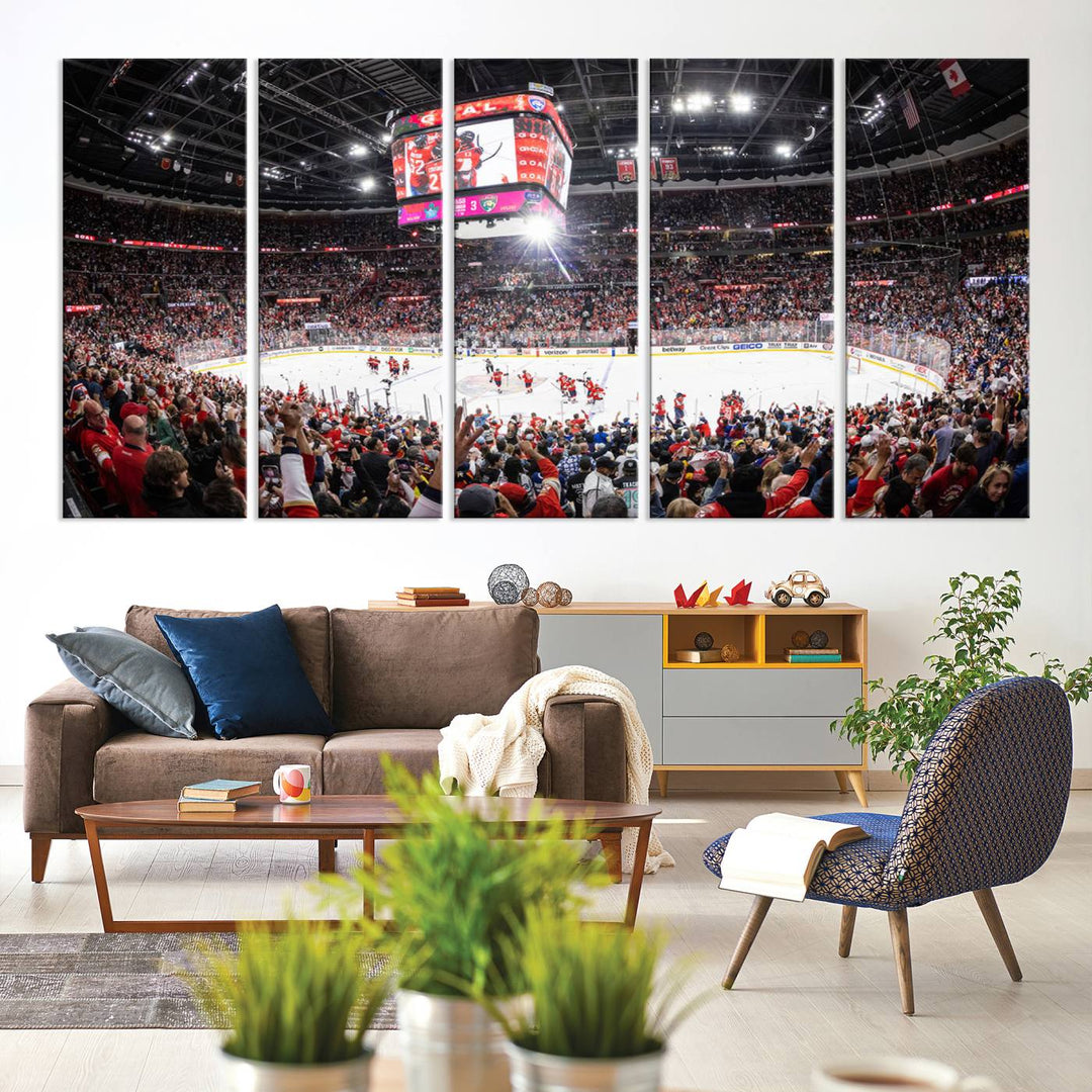 The wall art, a high-quality basketball arena canvas, evokes the excitement of fans cheering at the Amerant Bank Arena.