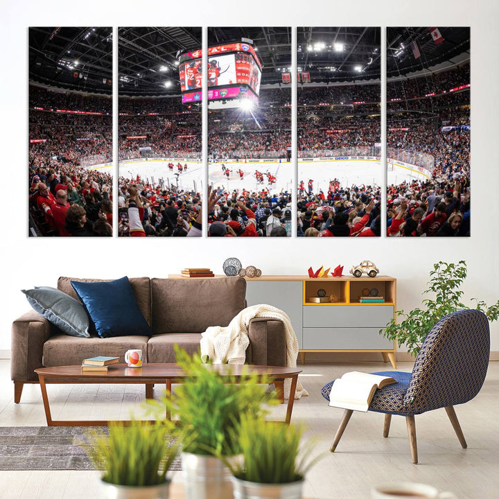 The wall art, a high-quality basketball arena canvas, evokes the excitement of fans cheering at the Amerant Bank Arena.