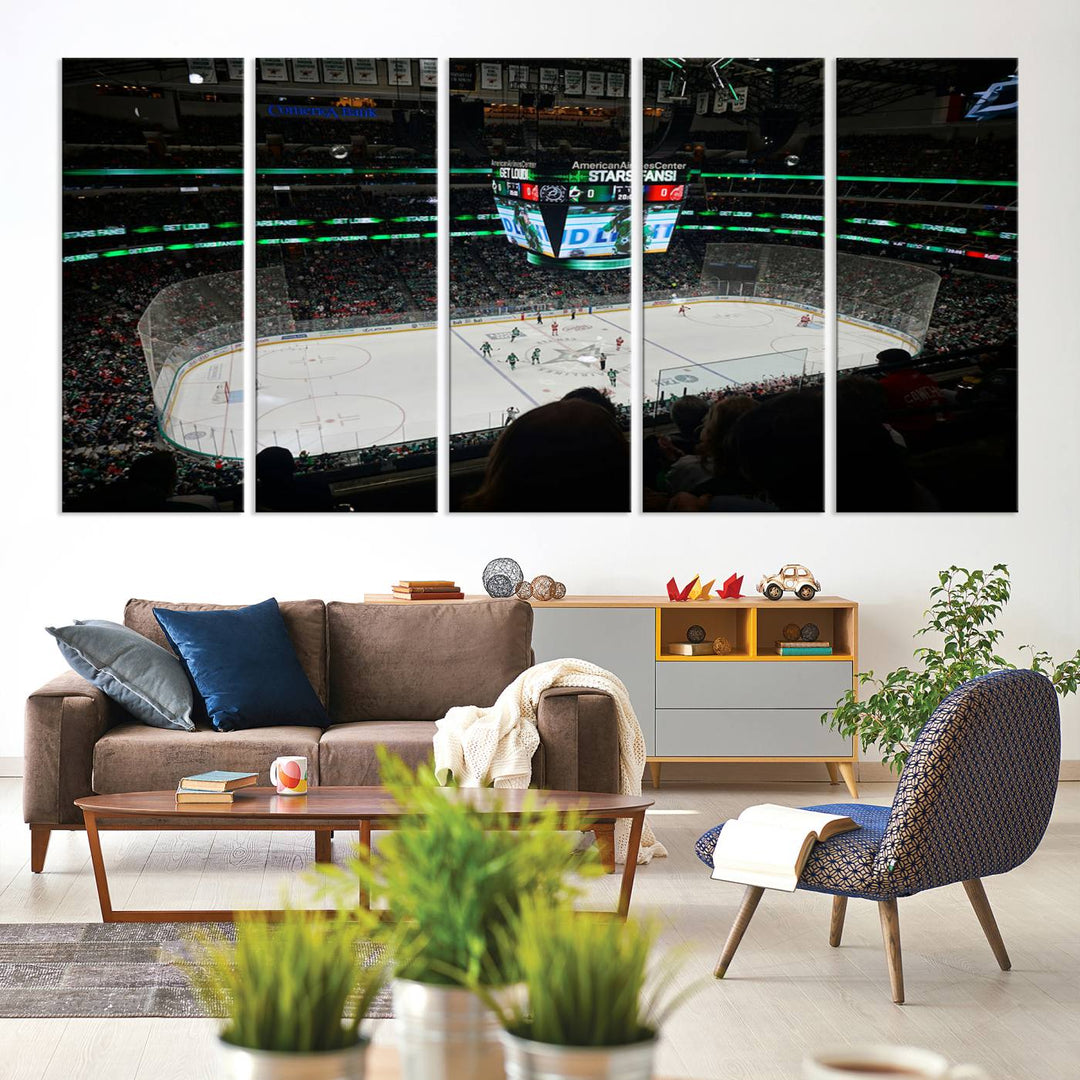 The Dallas Stars Wall Art Canvas Print is as clear as the scoreboard stats at a hockey game in a large arena with bright lights.