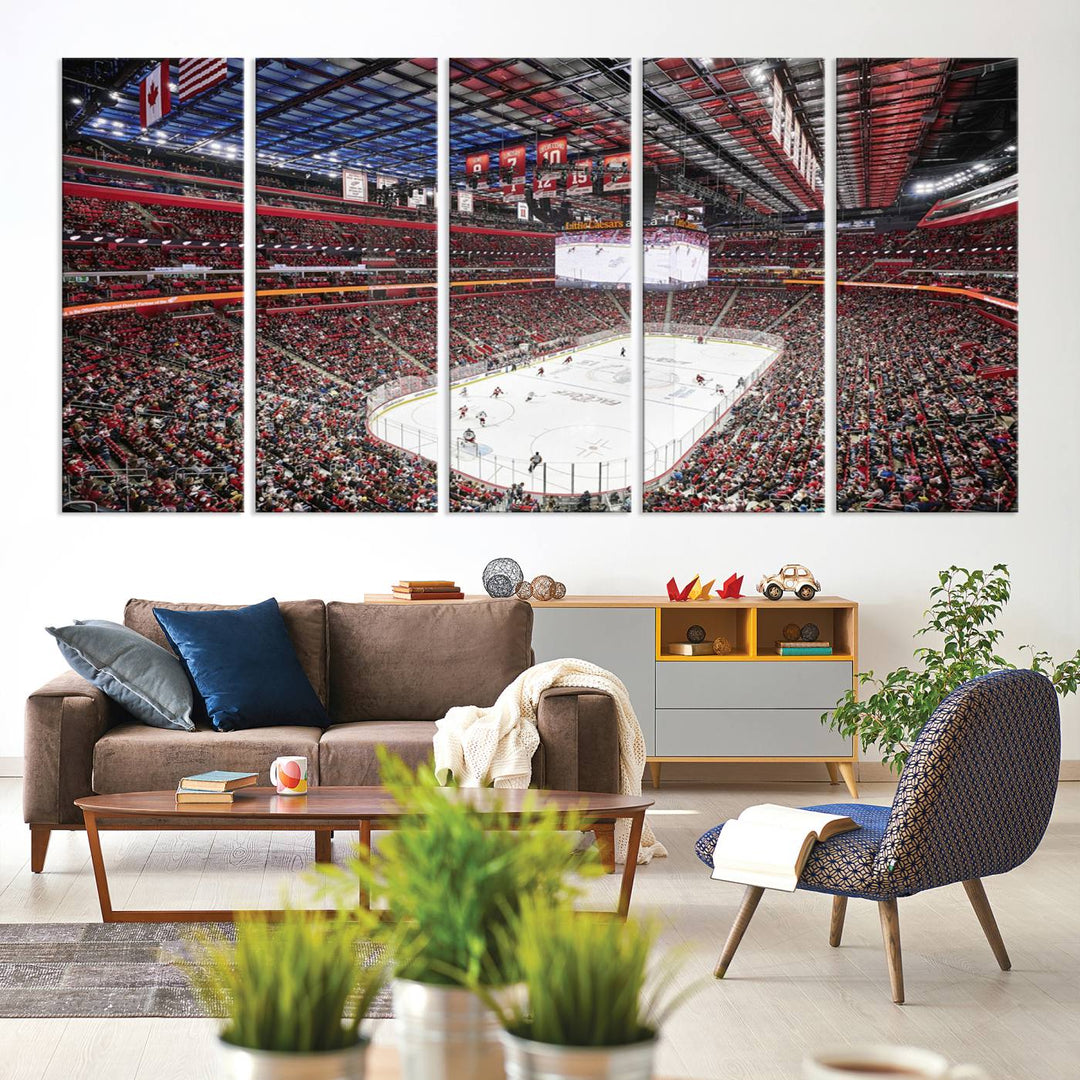 A Barton Malow canvas depicting Little Caesars Arena from above is beautifully printed in high resolution for your wall.