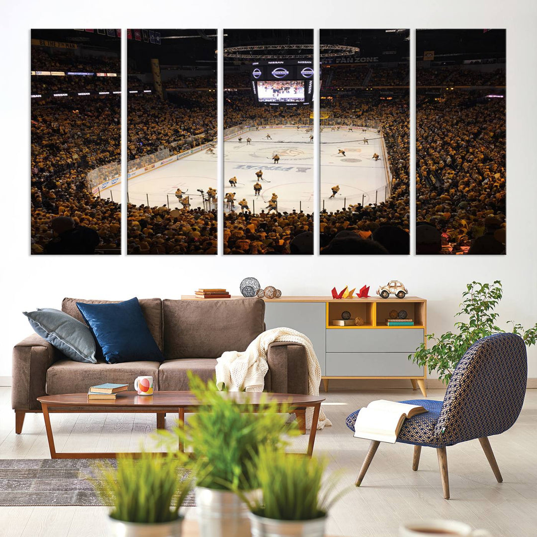 A captivating triptych canvas print, titled "Bridgestone Arena - Nashville Predators Hockey Team Print," adorns the wall. This Nashville wall art canvas print is perfect for Predators fans who appreciate sports-themed decor.