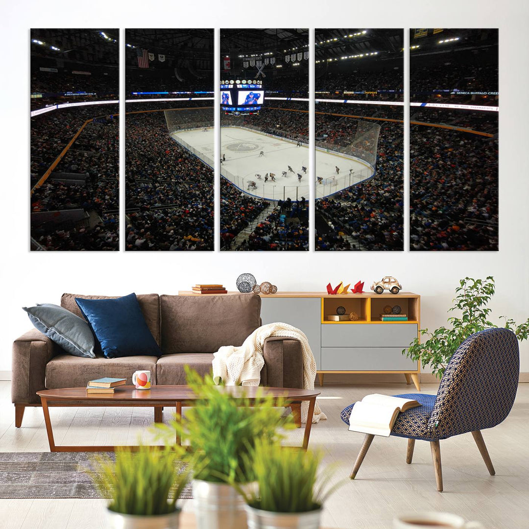 The nautical-themed room is enhanced by the KeyBank Center New York Buffalo Sabres Hockey Stadium Wall Art Canvas Print, a three-panel depiction of a bustling hockey arena with a gallery-quality finish. This canvas artwork, handmade in the USA, introduces an element of sporting elegance to your decor.