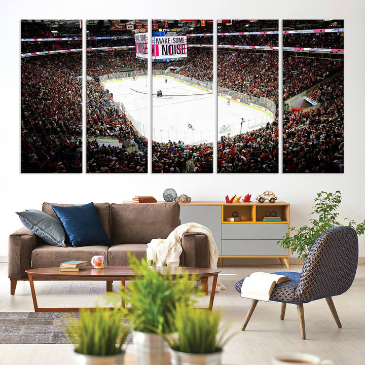 The living room features the PNC Arena Raleigh North Carolina Hurricanes Hockey Stadium Wall Art Canvas Print, which depicts a crowded ice hockey stadium with enthusiastic fans and an ongoing game, all rendered in high-resolution on museum-quality canvas.