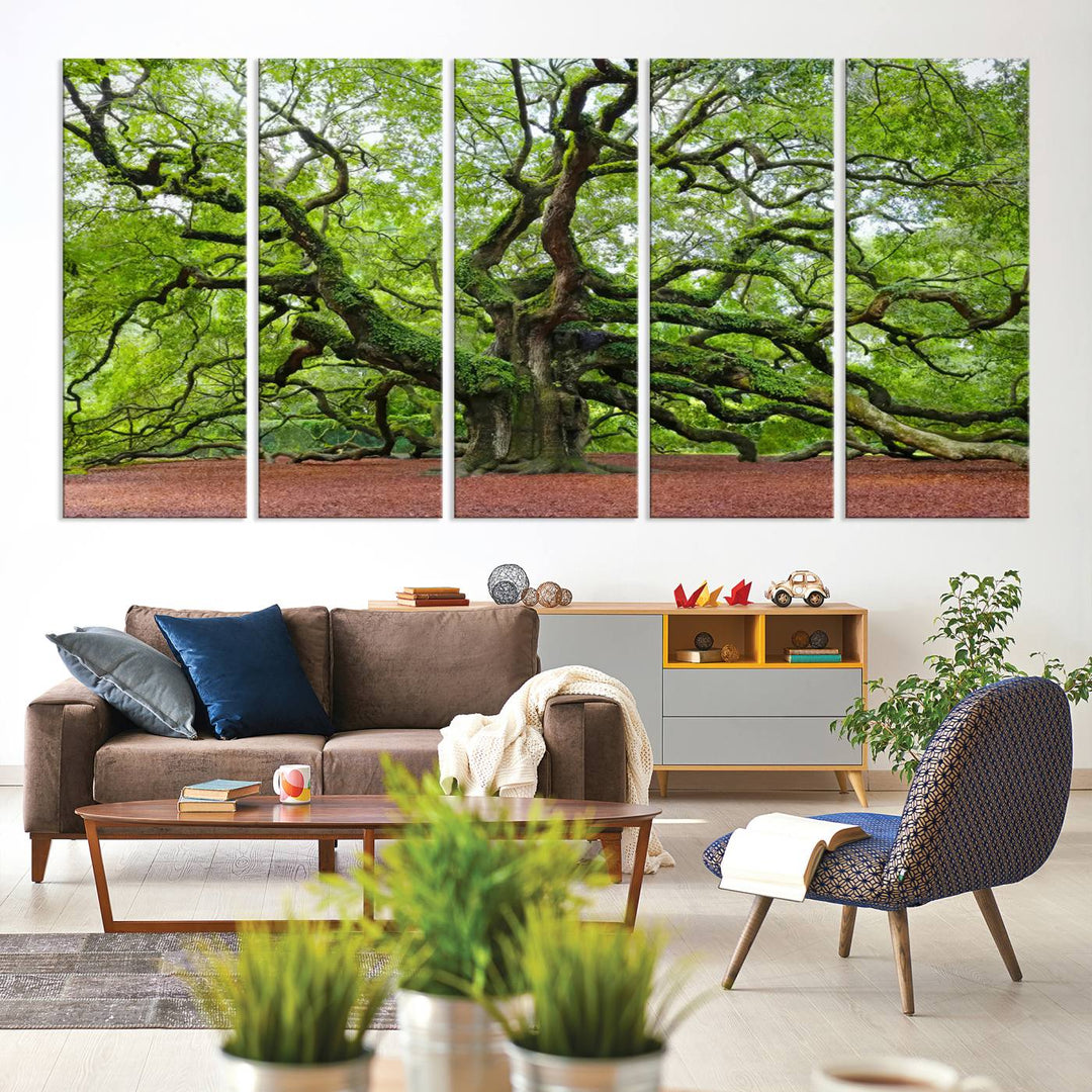 Framed Angel Oak Tree Wall Art - 3-Panel Canvas Prints, Large Green Nature Artwork, Ready to Hang Home Decor for Living Room, Office, Bedroom