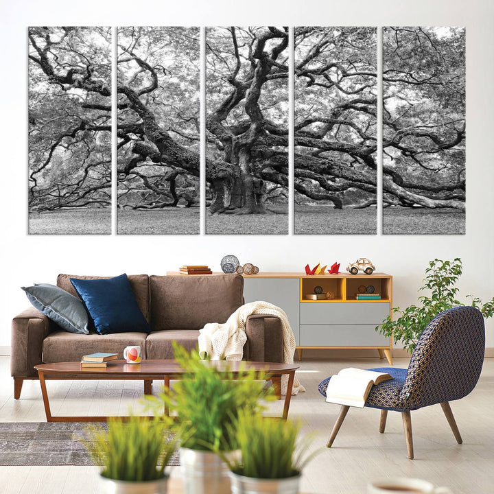 Black White Angel Oak Tree Wall Art - Timeless Nature-Inspired Canvas for Rustic, Modern, or Traditional Home Decor