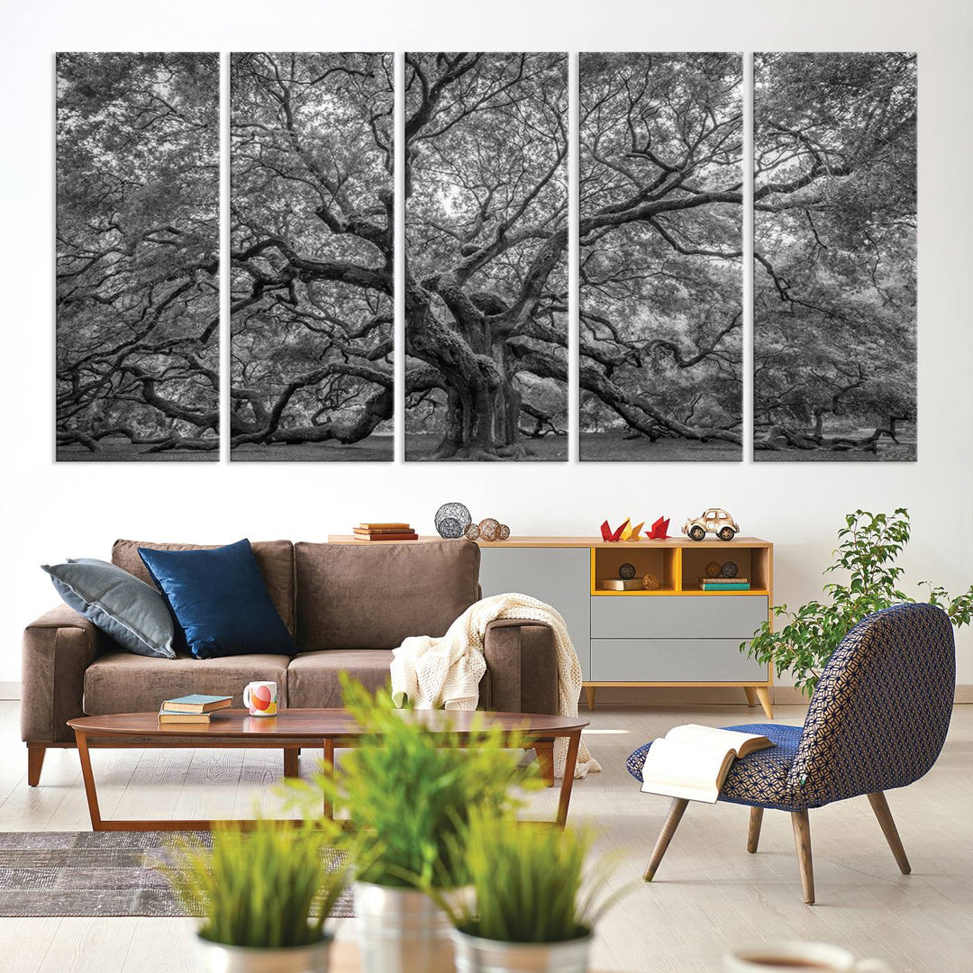 black and white Angel Oak Tree canvas print. High-quality Giclée nature wall art, ready to hang, perfect for living room or office decor.