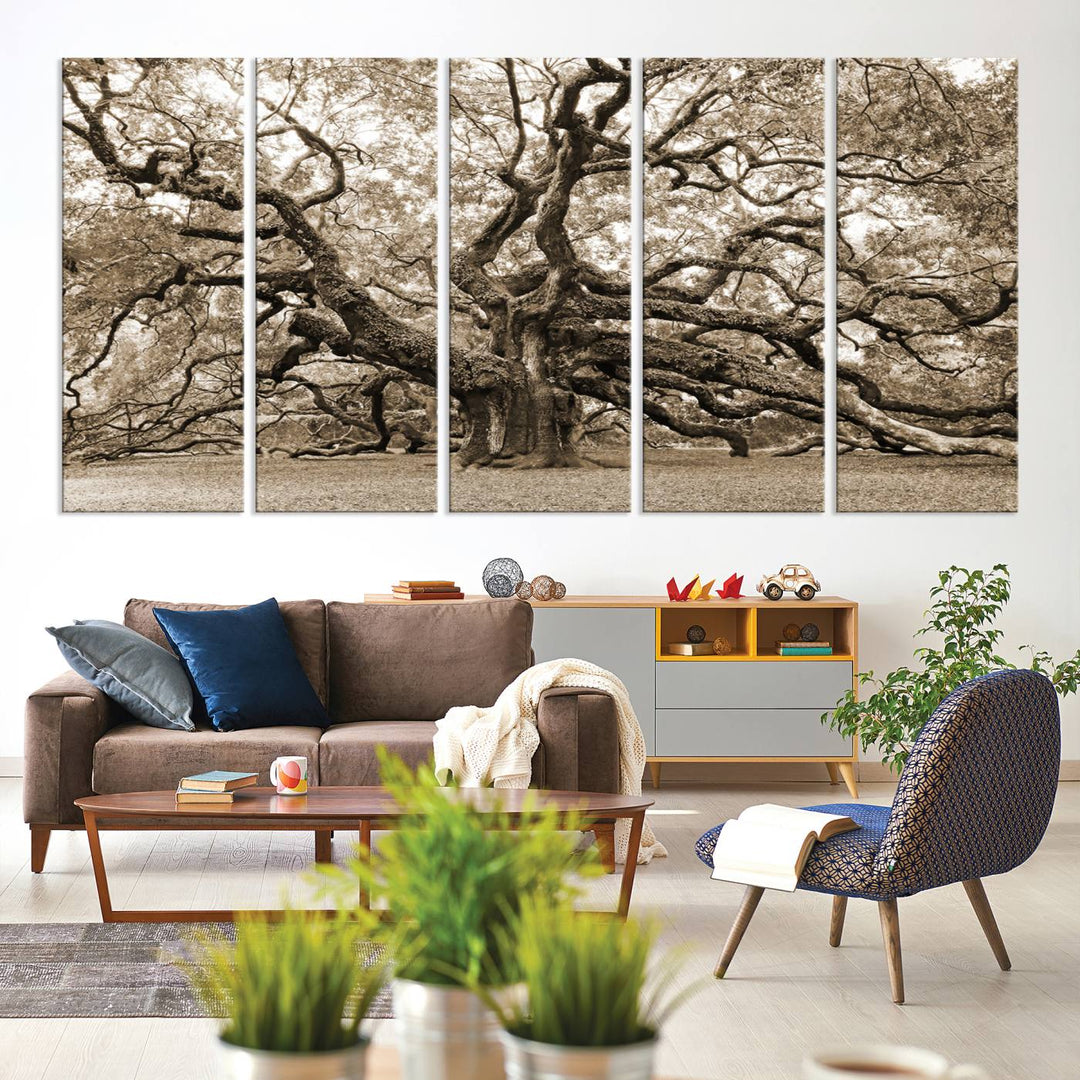 Displayed on the wall is a Sepia-framed Angel Oak Tree 3-panel canvas.