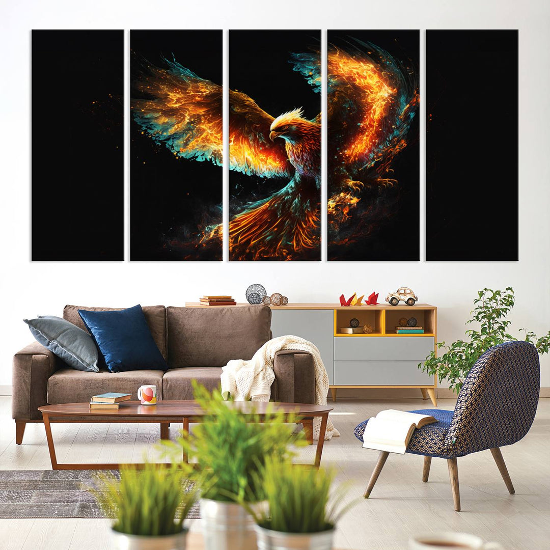 Fiery Phoenix Canvas Print | Ready to Hang Wall Art | Bold Fantasy Decor for Living Room | Majestic Bird Artwork