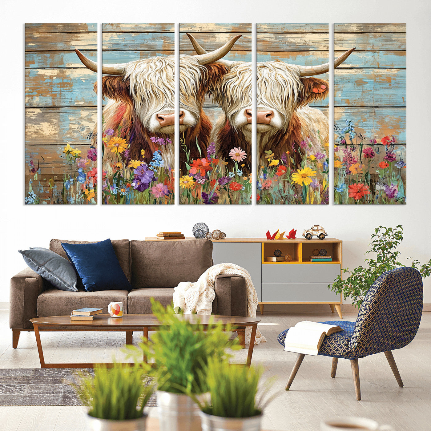 36972-MGV-CV-80X40-5P-Cute Highland Cow Canvas Wall Art - Rustic Farmhouse Decor with Colorful Flowers Perfect Wall Art for Home
