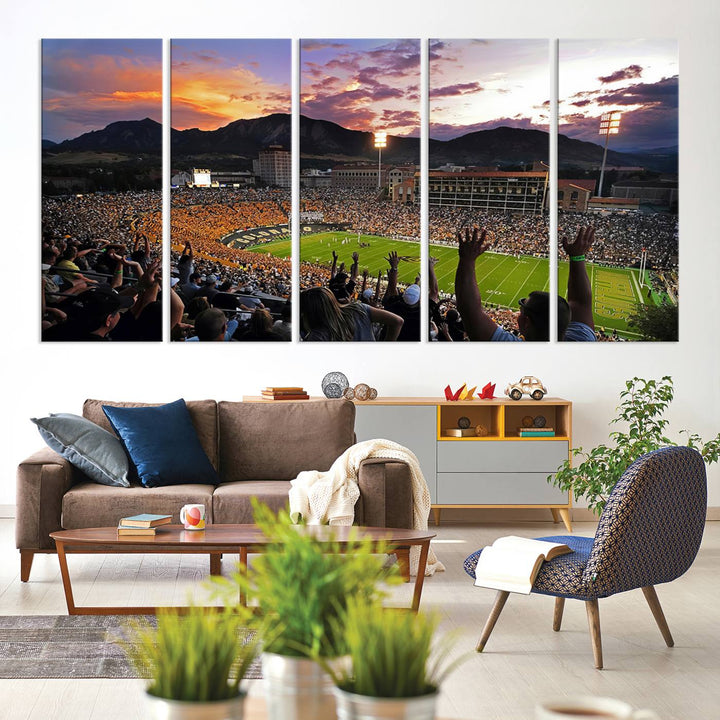 The Folsom Field Stadium Print beautifully captures the Colorado Buffaloes stadium at sunset, set against a stunning mountain backdrop.