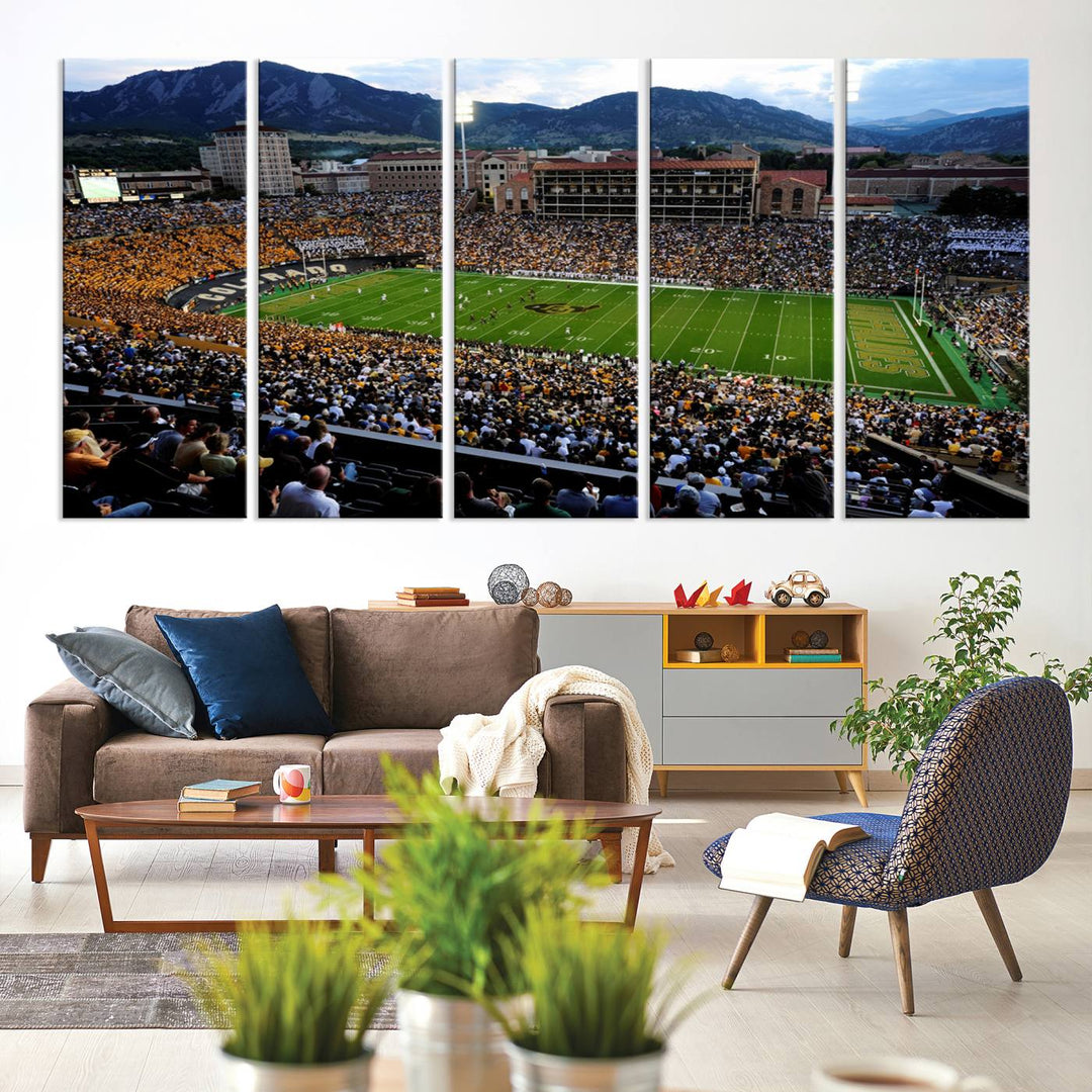 A canvas print captures the Colorado Buffaloes at Folsom Field, framed by mountains in the background.
