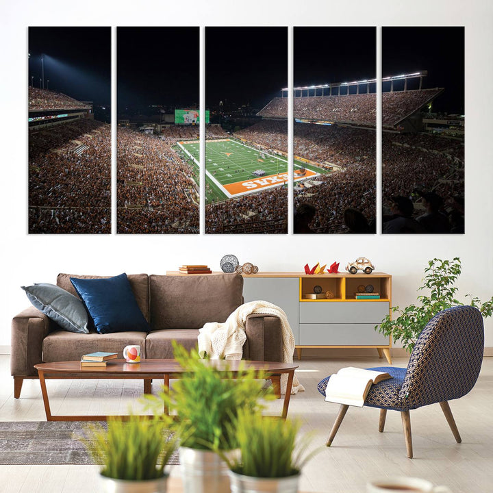 A football game at a packed stadium is captured on the University of Texas Longhorns Stadium Canvas Print.