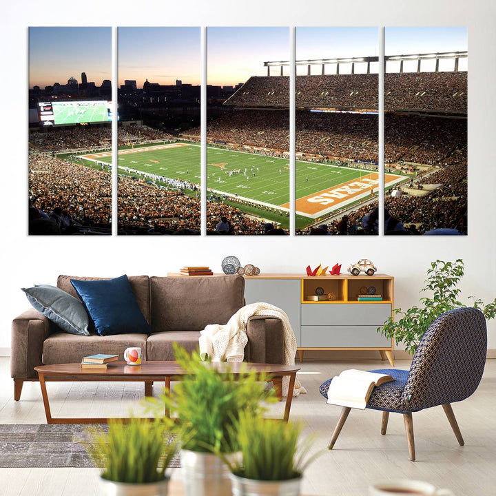 The Evening Game canvas art captures a glowing sunset and skyline at Texas Longhorns Darrell K Royal Stadium.