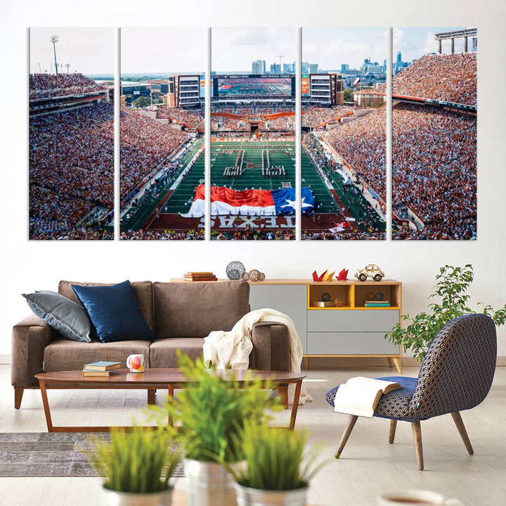 University of Texas Longhorns canvas: A premium print depicting Darrell K Royal-Texas Memorial Stadium with the city skyline and Texas flag.