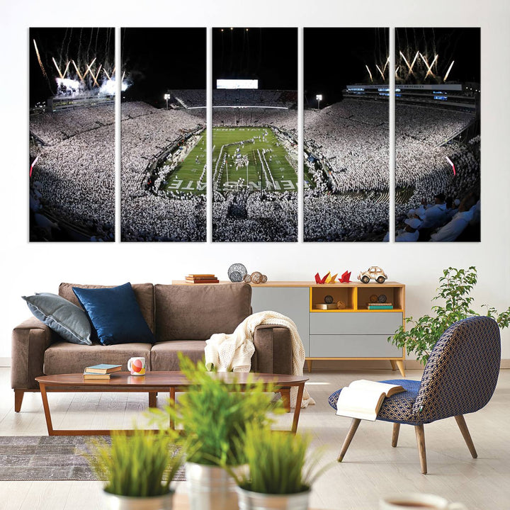 Wide-angle print of a packed stadium with fireworks, ideal gallery-quality wall art - Penn State Nittany Lions Canvas.