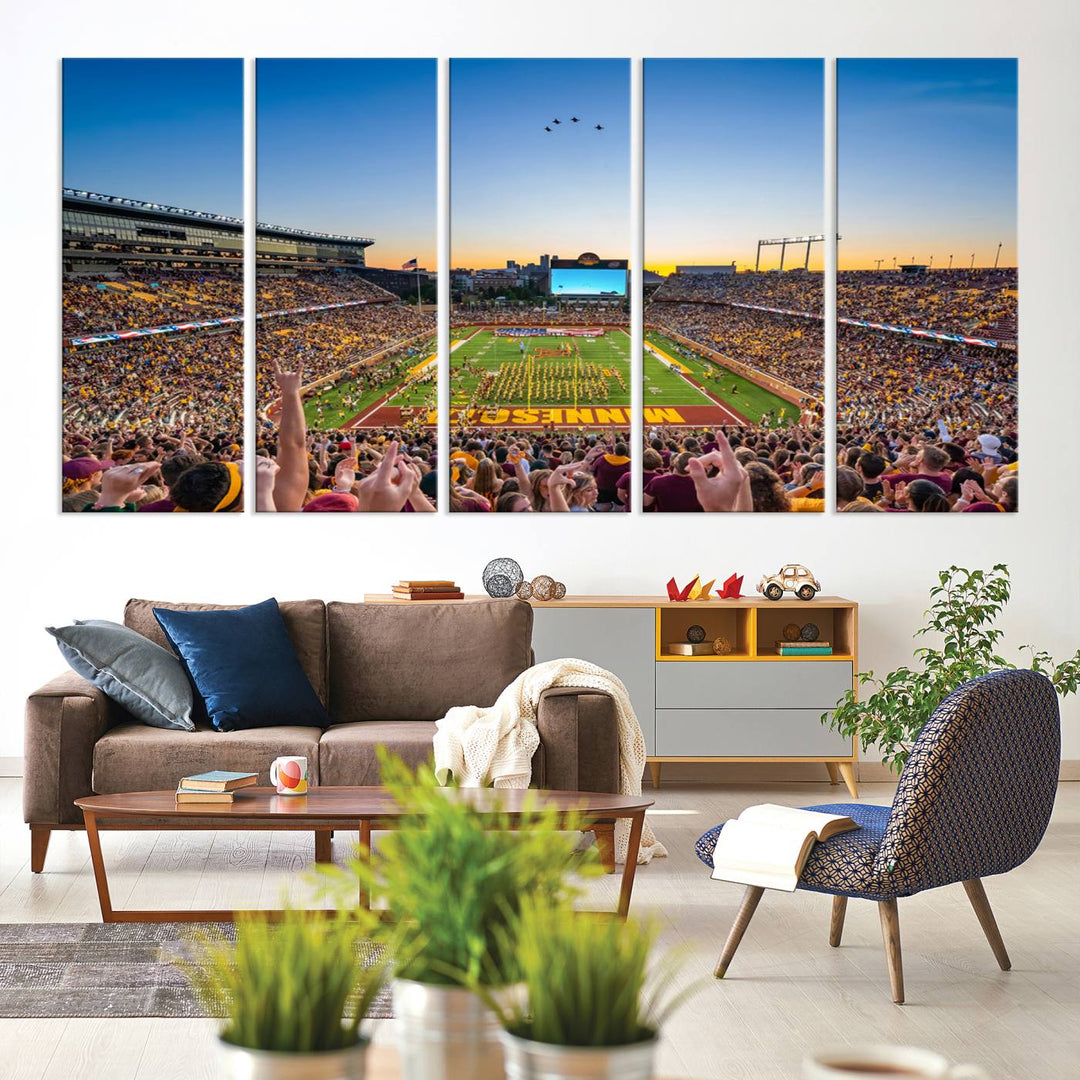 Canvas wall art featuring the University of Minnesota Football Team print, showcasing Huntington Bank Stadium at sunset with jets overhead.