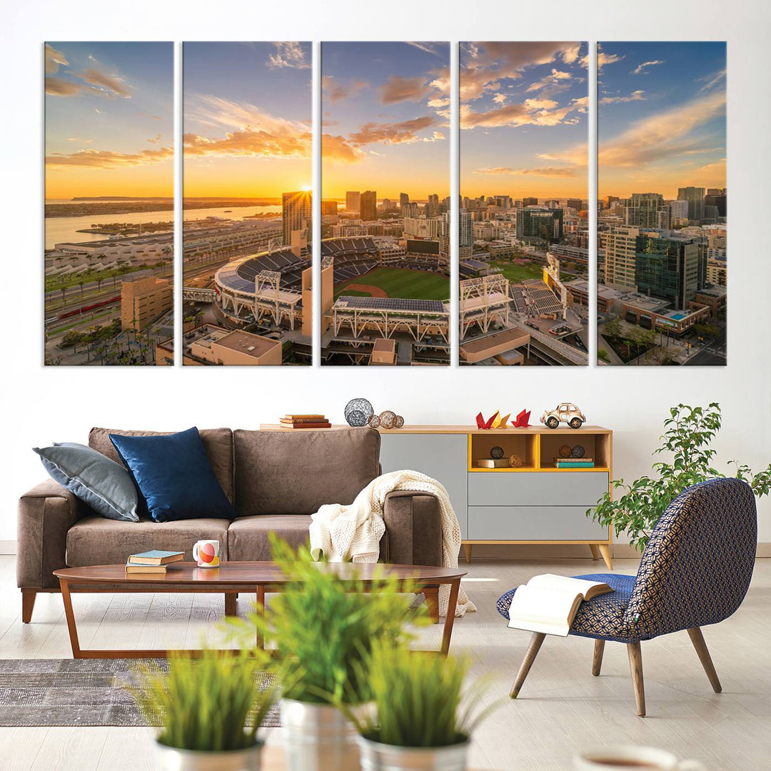 Petco Park Sunset Triple Canvas Wall Art - San Diego Cityscape and MLB Game - Home of the San Diego Padres