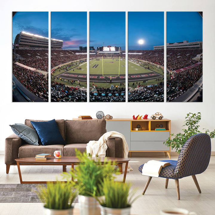 The wall art in the living room features a Texas Tech Red Raiders Football Team Print, showcasing Jones AT&T Stadium at dusk.