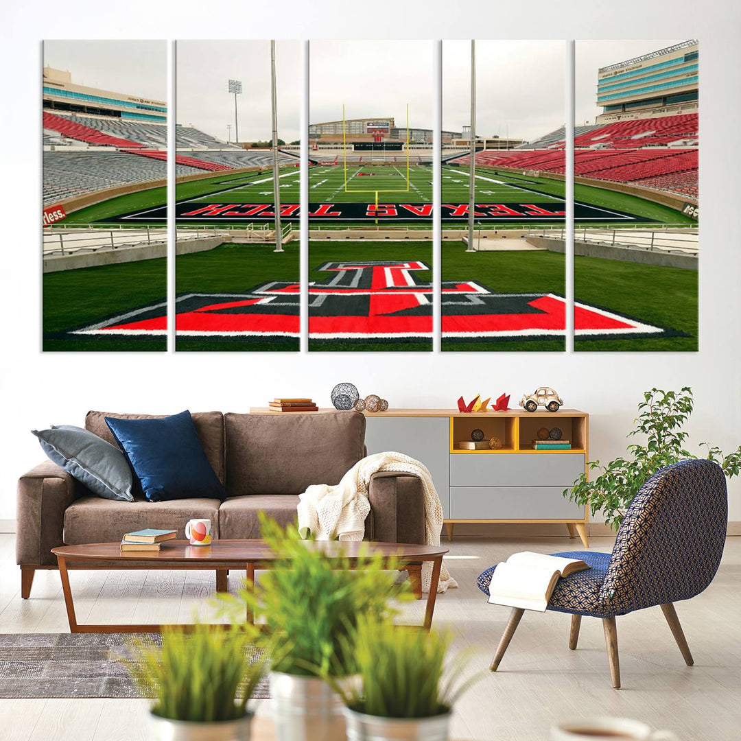 Gallery-quality print of Lubbock Jones AT&T Stadium featuring the Texas Tech Red Raiders field, highlighted by red and gray bleachers.