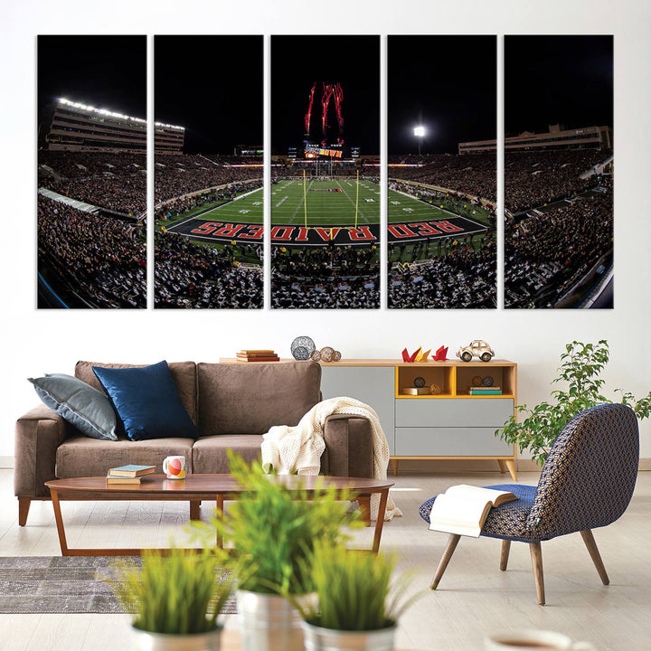 The wall features a Texas Tech Red Raiders Football Team Print on canvas, showcasing fireworks over a packed stadium at night.