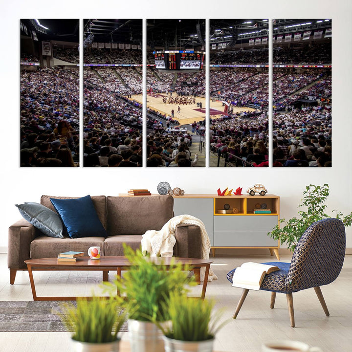 The Nebraska Basketball Arena Wall Art Canvas features an arena filled with Cornhuskers fans and players beneath a scoreboard.