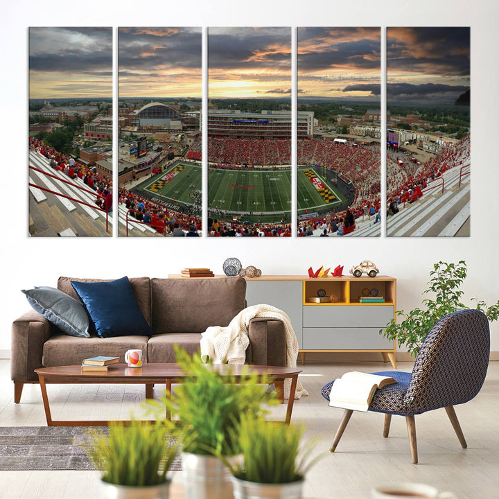 The University of Maryland Terrapins Football Team Print features SECU Stadium at sunset with vibrant skies.