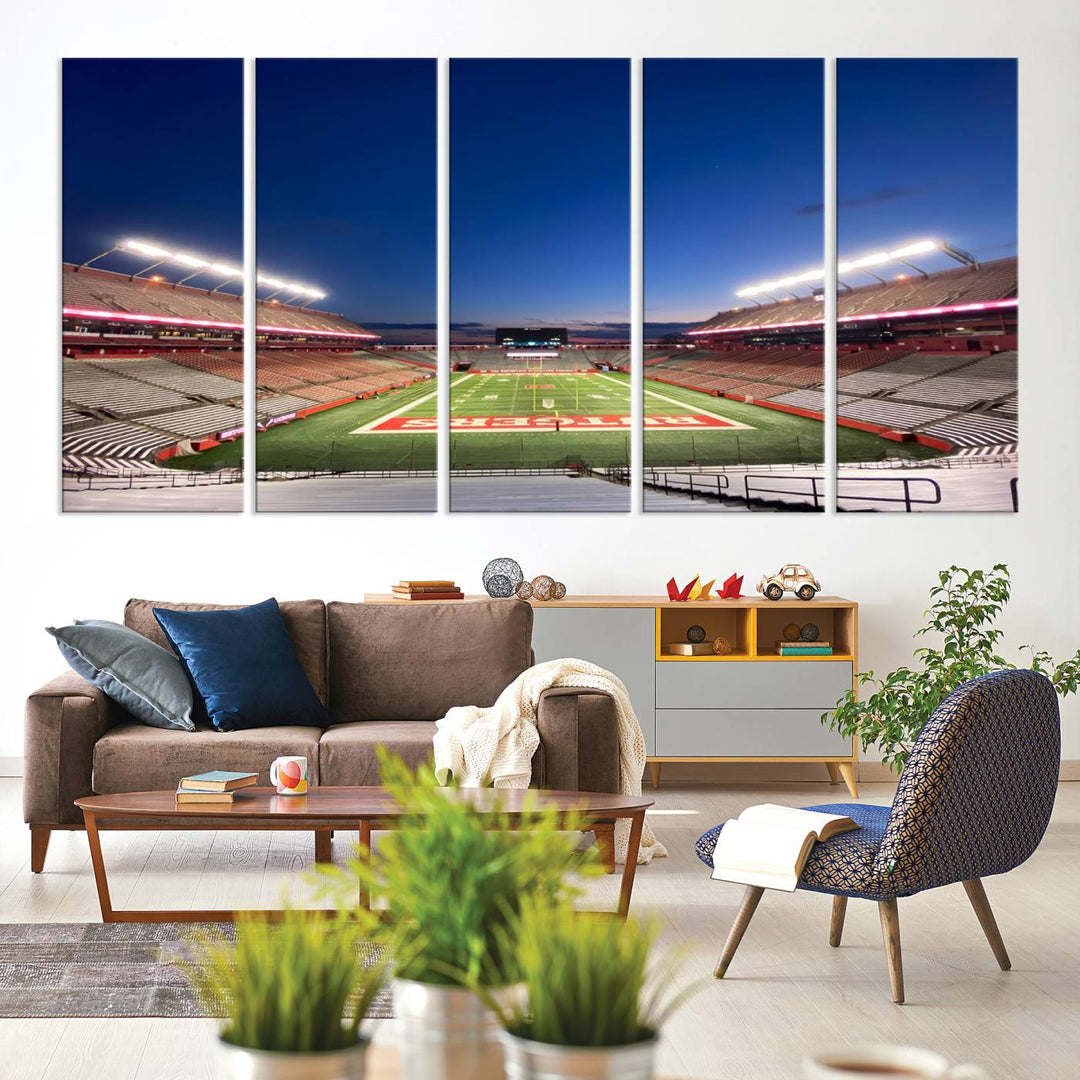 A large SHI Stadium at dusk, ideal for a Rutgers Scarlet Knights Football Team canvas print.