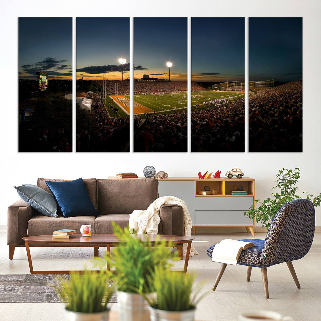 Ball State Cardinals Football Team Print - Muncie Scheumann Stadium Canvas featuring a sunset, floodlights, and lively crowd.