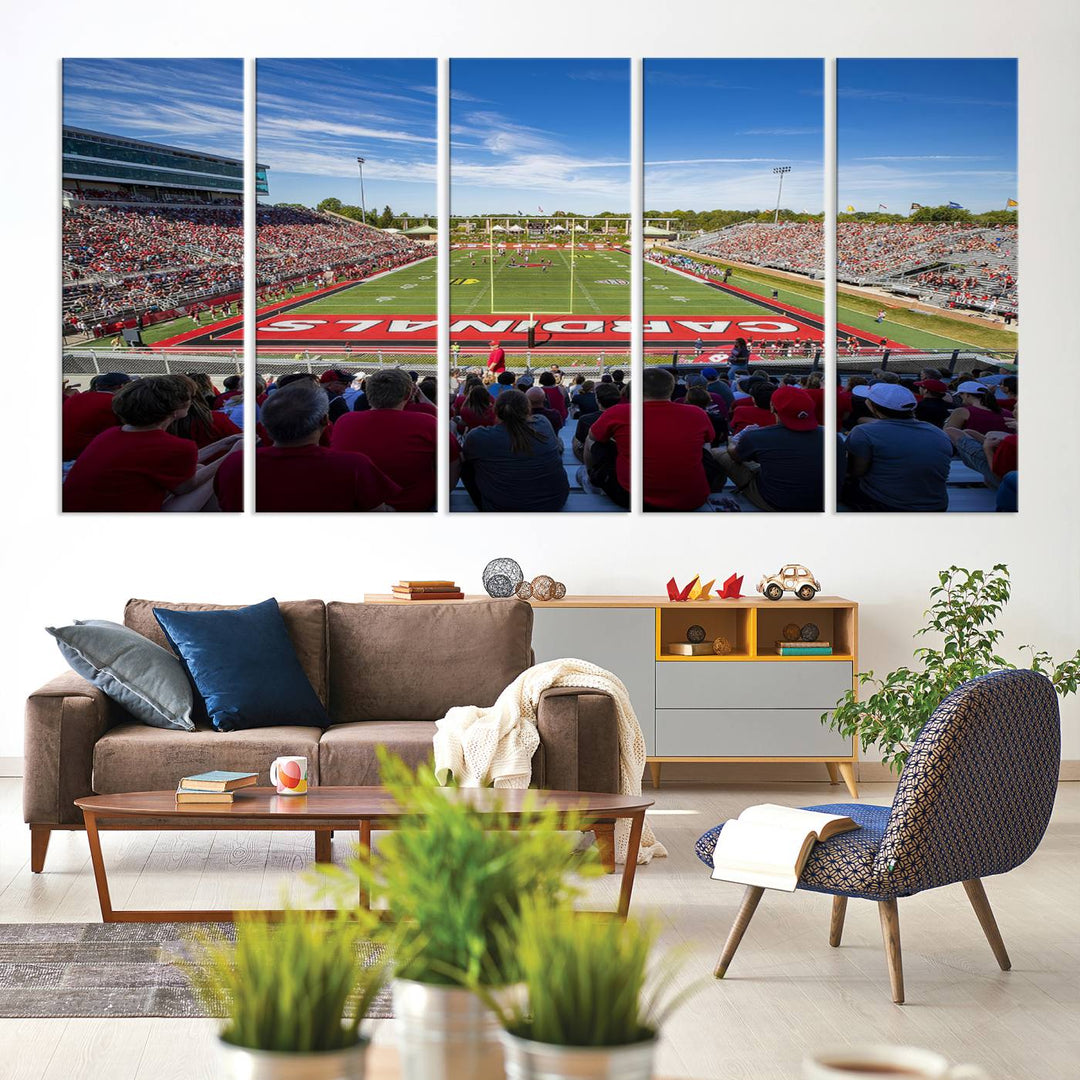 The Ball State Cardinals wall art on canvas depicts fans in red at Scheumann Stadium.