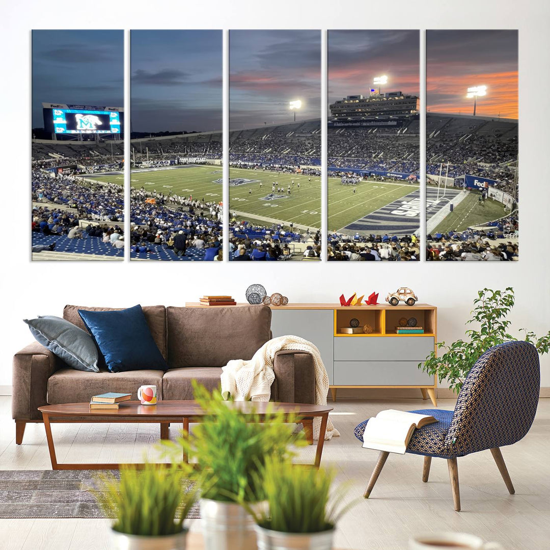 A Memphis Tigers football canvas print of Simmons Bank Liberty Stadium at sunset enhances the living room.