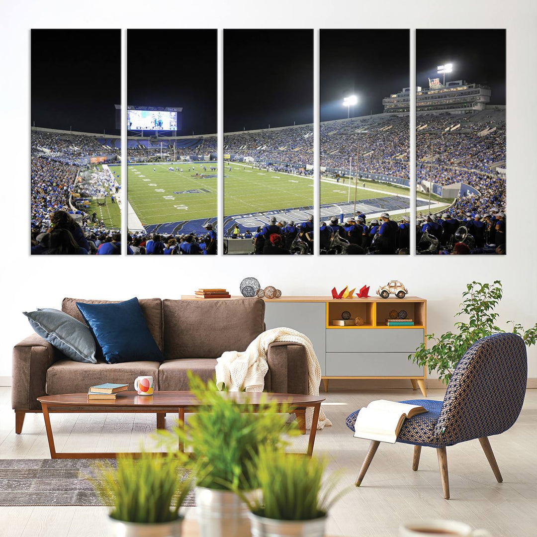 A vibrant depiction of Liberty Stadium at night, highlighting a Tigers football game on the large screen with stands filled with enthusiastic fans.