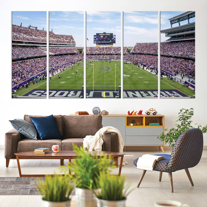 The TCU Horned Frogs print portrays a vibrant Amon G. Carter Stadium, filled with energy and game action.