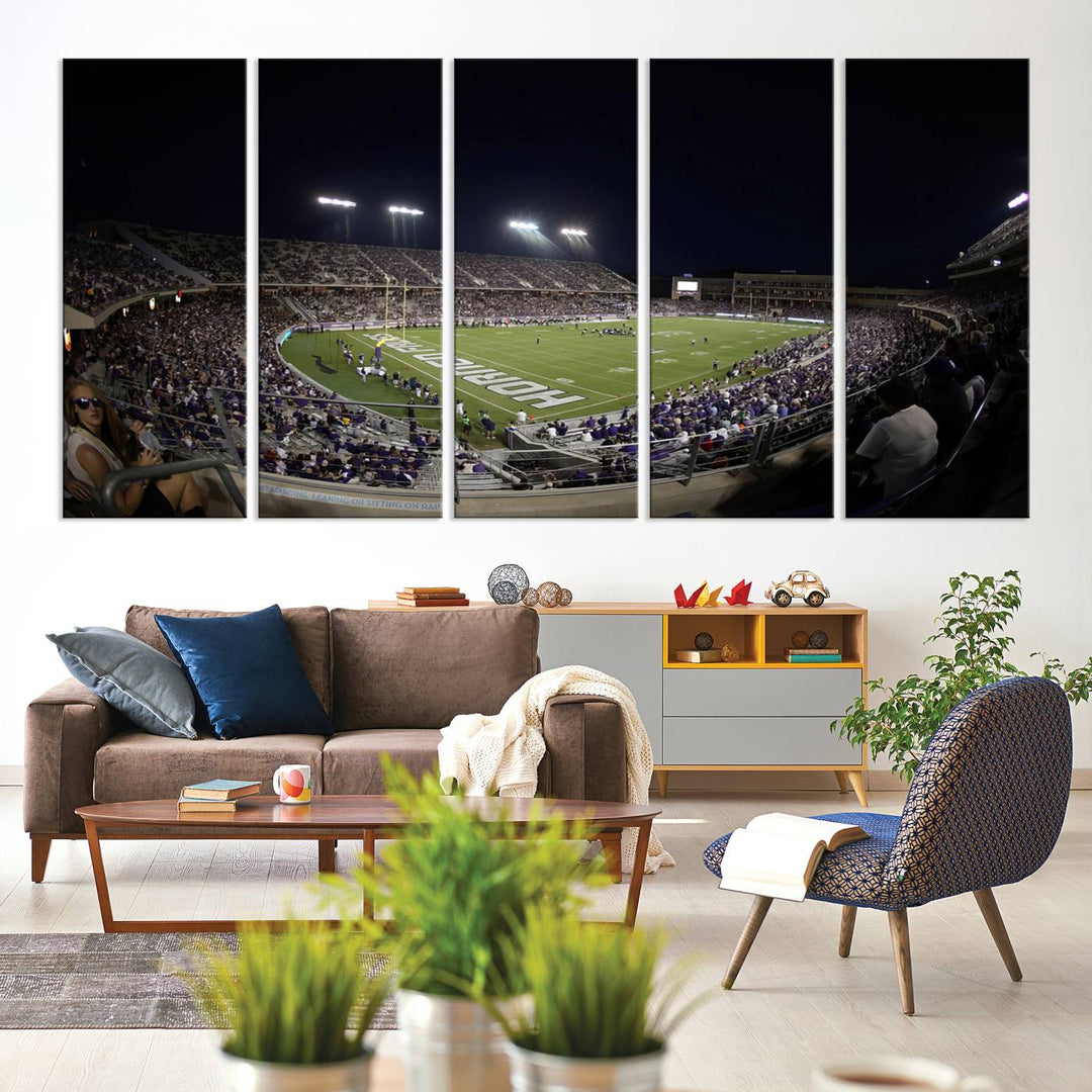 The wall art print features a night view of Amon G. Carter Stadium filled with TCU fans, showcased in the Horned Frogs Football Canvas Wall Art.