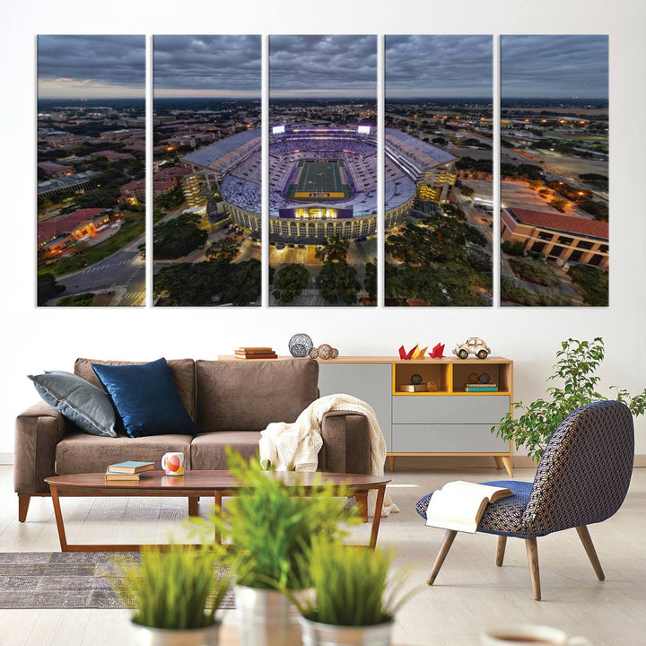 The LSU Tigers Football Team Baton Rouge Tiger Stadium Canvas is displayed prominently, capturing attention with its vivid depiction of the iconic stadium.