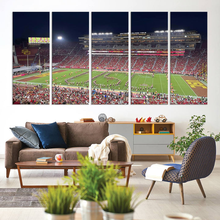 Canvas print depicting a packed stadium at night with a marching band forming USC, celebrating the Trojans at Los Angeles Memorial Coliseum.