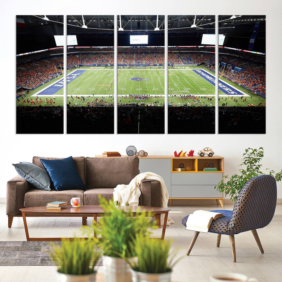 The UTSA Roadrunners game at Alamodome canvas print captures the scene from above, displaying fans and the UTSA lettering on the field.