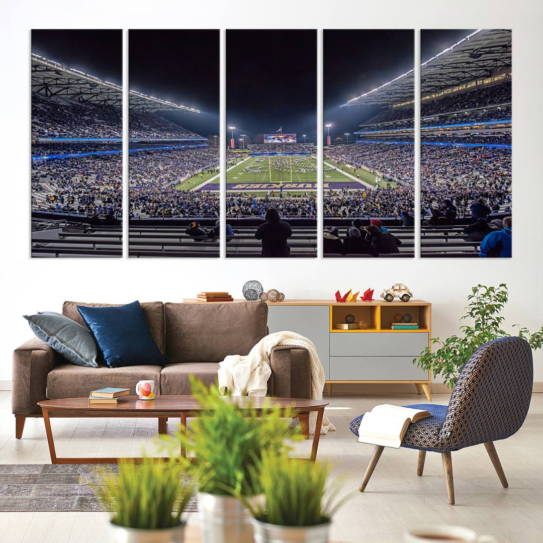 A canvas print titled The University of Washington Huskies Football depicts a packed Husky Stadium at night, as seen from the stands.