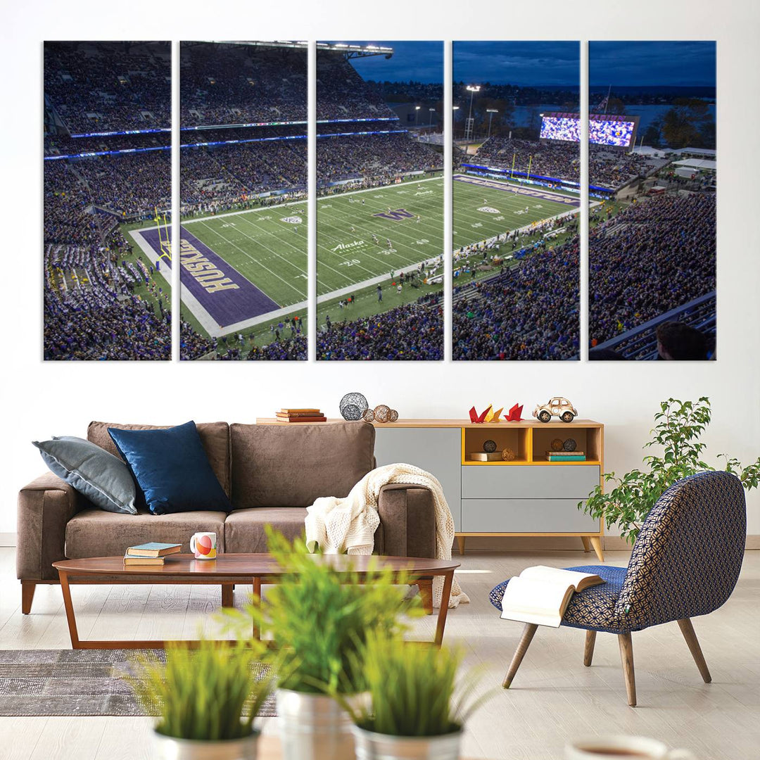 The University of Washington Huskies Football Team Print: Seattle Husky Stadium Wall Art Canvas captures a dusk stadium view.