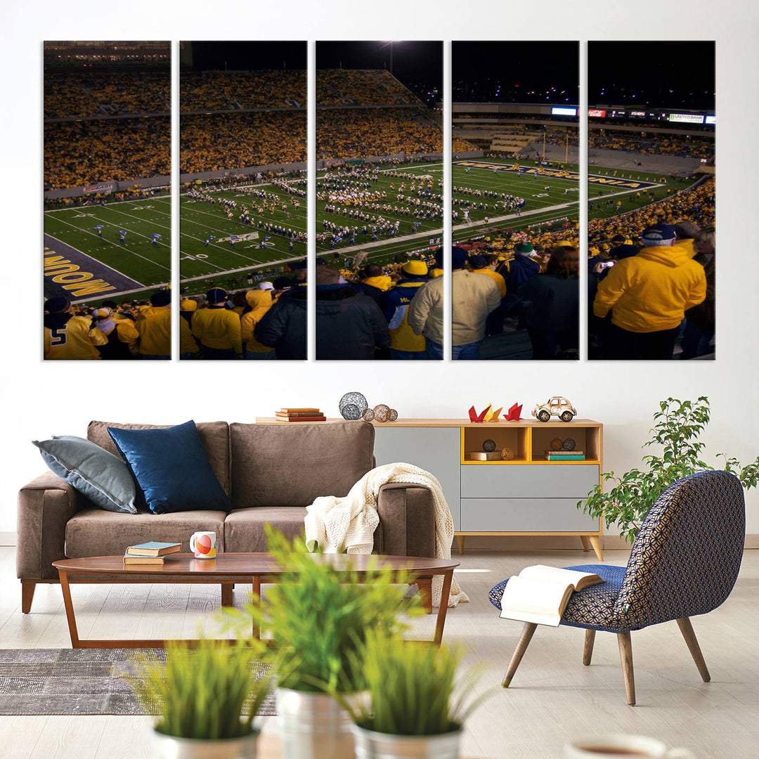 West Virginia Uni Mountaineers Football Team Print - Milan Puskar Stadium Canvas Print Wall Art, Morgantown Print