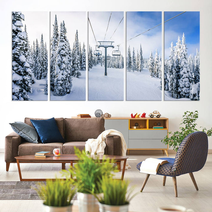 Winter Ski Lift Landscape Wall Art | Snowy Mountain Adventure | Framed and Ready to Hang | Perfect for Cabin Wall Art, Farmhouse Decor